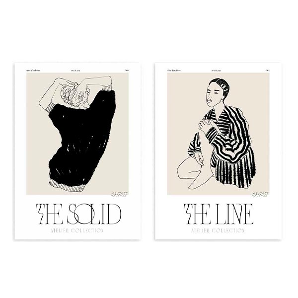 Conjunto de dos cuadros, ilustraciones artísticas de mujeres en blanco y negro sobre fondo beige