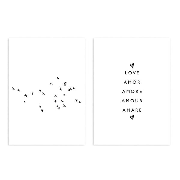 conjunto de dos cuadros en blanco y negro con pájaros y amor, parejas - kuadro