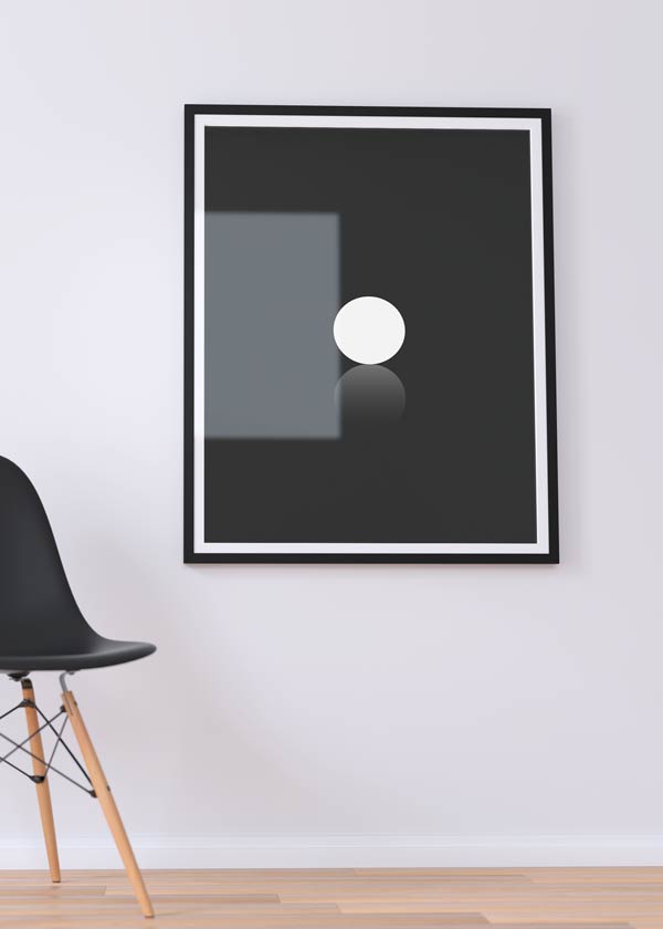 Decoración con cuadros, ideas -  cuadro geométrico y minimalista de círculo blanco con fondo negro. Lámina decorativa.