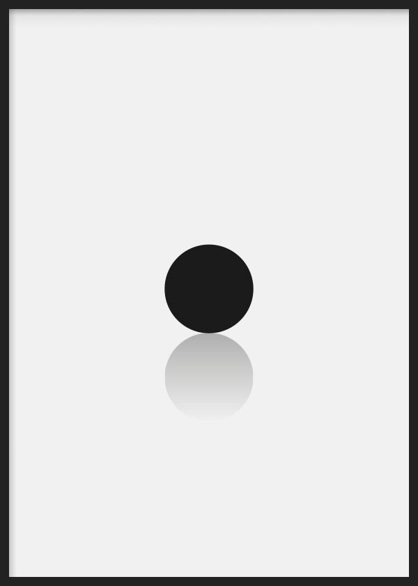 lámina decorativa cuadro geométrico y minimalista de esfera negra en fondo blanco. Lámina decorativa.