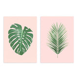 conjunto de cuadros de ilustraciones florales sobre fondo rosa, hojas verdes - kuadro