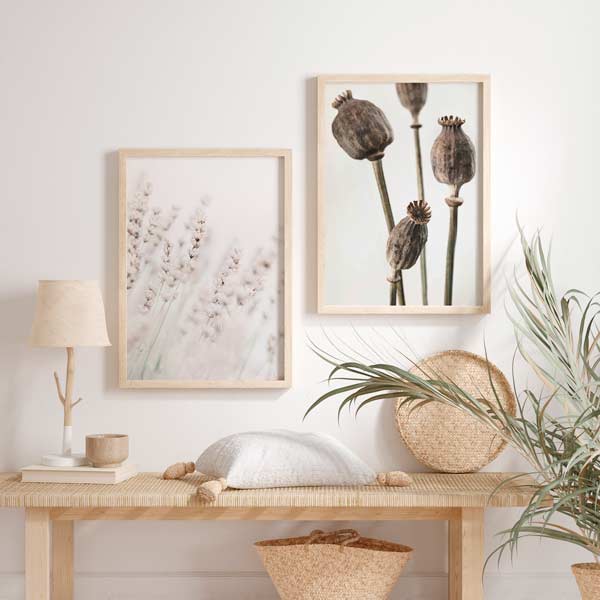 decoración con cuadros, ideas - conjunto de dos cuadros nórdicos con fotografías de flores en tonos claros y grises - kuadro