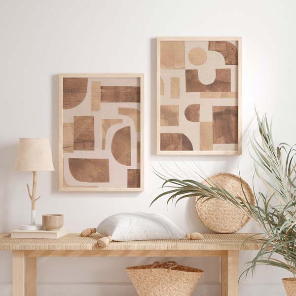 decoración con cuadros, ideas - conjunto de láminas decorativas abstractoas y geométricas tonos maderas - kuadro