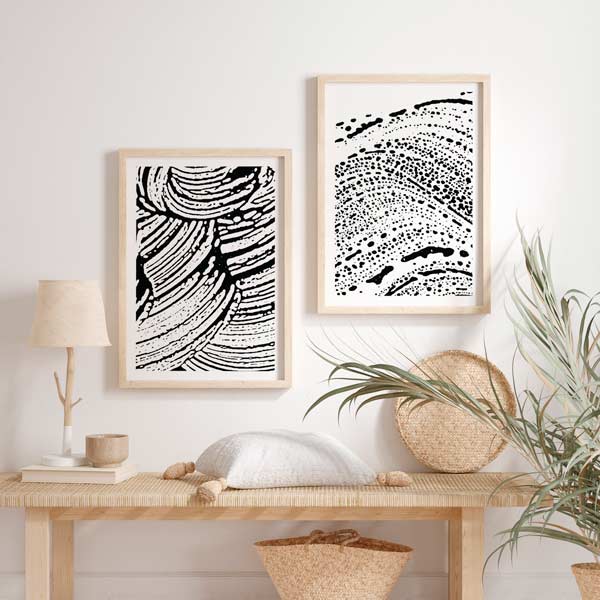 decoración con cuadros, ideas - conjunto de dos cuadros abstractos en blanco y negro - kuadro