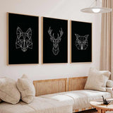 decoración con cuadros, ideas - conjunto de cuadros geométricos con animales y fondo negro, ilustraciones - kuadro