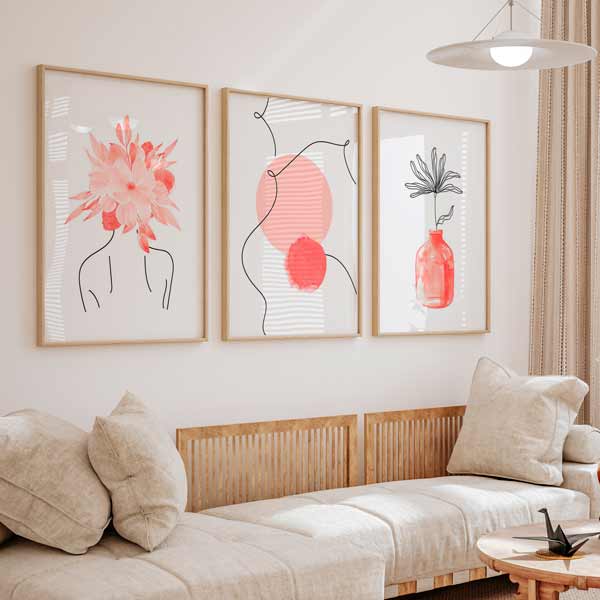 decoración con cuadros, ideas - conjunto de cuadros de ilustraciones abstractas en tonos rosas, mujer y flores - kuadro