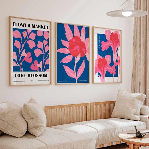 decoración con cuadros, ideas - conjunto de cuadros florales y coloridos, ilustraciones - kuadro