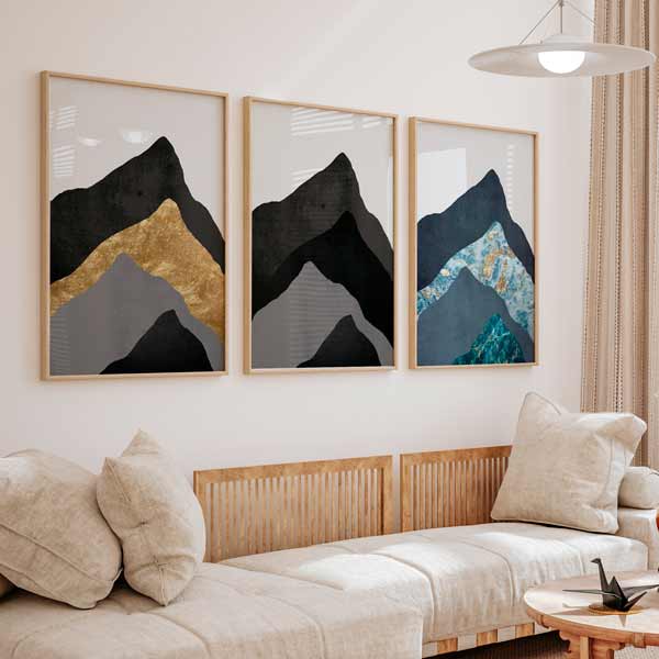 decoración con cuadros, ideas - conjunto de cuadros abstractos de montañas, ilustraciones coloridas - kuadro