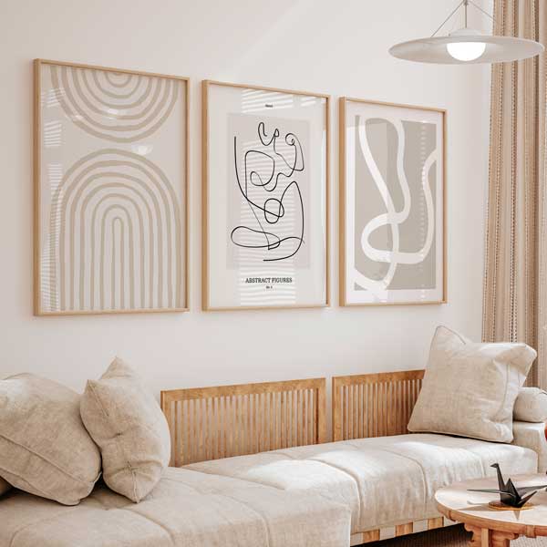 decoración con cuadros, ideas - conjunto de cuadros de ilustraciones de estilo nórdico en tonos beige - kuadro