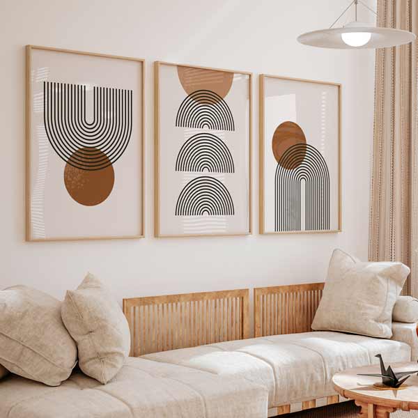 decoración con cuadros, ideas - conjunto de tres cuadros con ilustraciones geométricas y minimalistas - kuadro