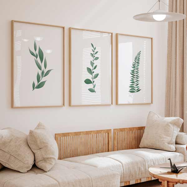 decoración con cuadros, ideas - conjunto de cuadros de flores verdes, ilustraciones de estilo decorativo nórdico - kuadro