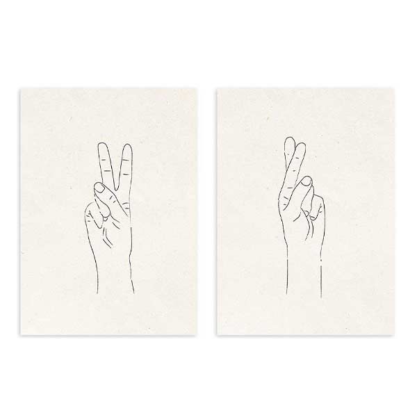 conjunto de dos cuadros con ilustraciones de manos haciendo símbolo de la paz y suerte - kuadro
