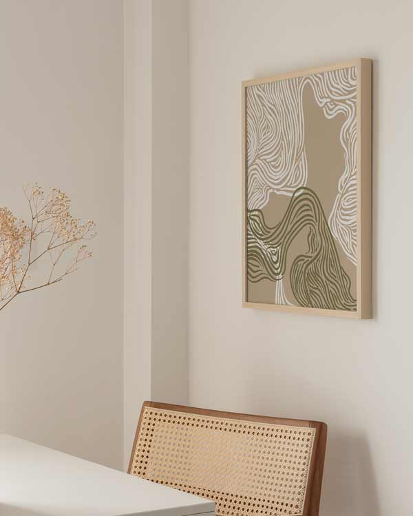 decoración con cuadros, ideas - lámina decorativa de ilustración abstracta con trazos en blanco y verde, fondo marrón - kuadro