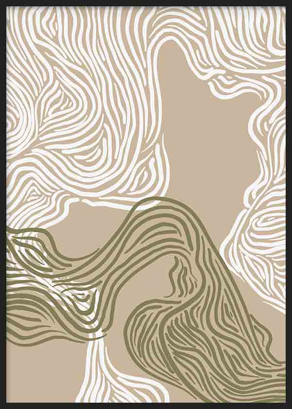 cuadro lámina decorativa de ilustración abstracta con trazos en blanco y verde, fondo marrón - kuadro