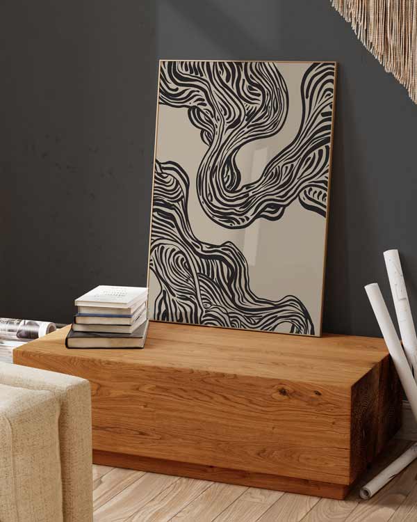 decoración con cuadros, ideas - lámina decorativa de ilustración abstracta con trazos en negro sobre fondo beige verdoso - kuadro