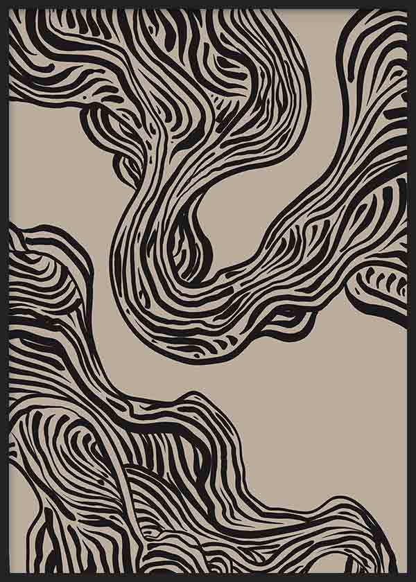 cuadro lámina decorativa de ilustración abstracta con trazos en negro sobre fondo beige verdoso - kuadro