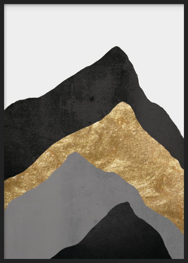 cuadro de montañas en colores negro, dorado y gris - marco negro