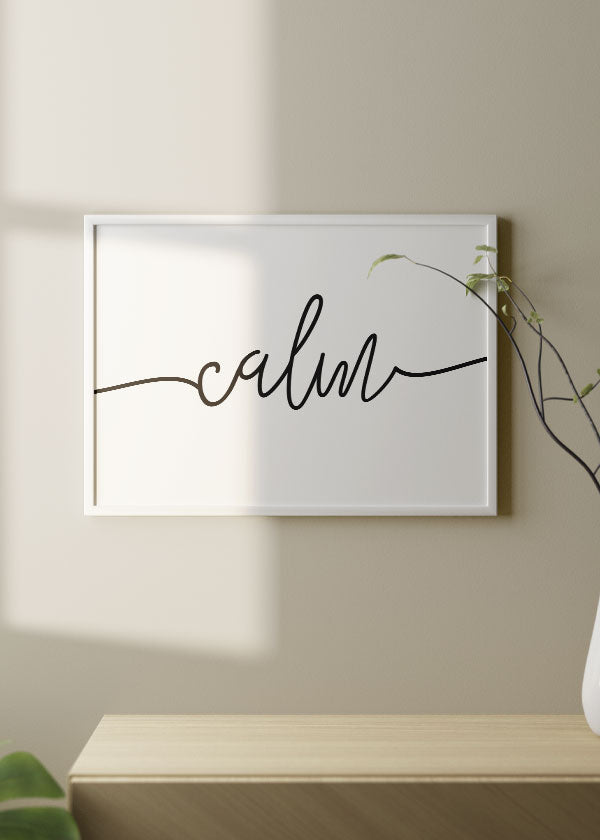 decoración con cuadros, ideas - lámina decorativa horizontal en blanco y negro con palabra "calma" - kuadro