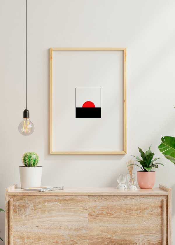 Decoración con cuadros, ideas -  cuadro minimalista del amanecer estilo geométrico. Colores blanco, negro y rojo. Lámina decorativa.