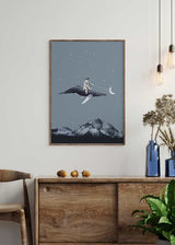 decoración con cuadros, ideas - lámina decorativa collage vintage de niño sobre ballena tirando de la luna - kuadro
