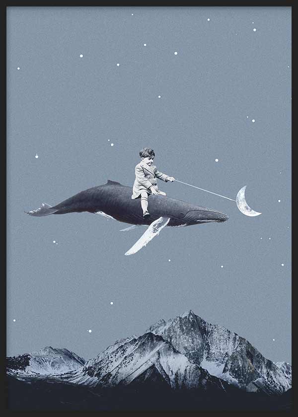cuadro lámina decorativa collage vintage de niño sobre ballena tirando de la luna - kuadro