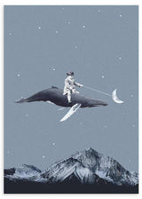 lámina decorativa collage vintage de niño sobre ballena tirando de la luna - kuadro
