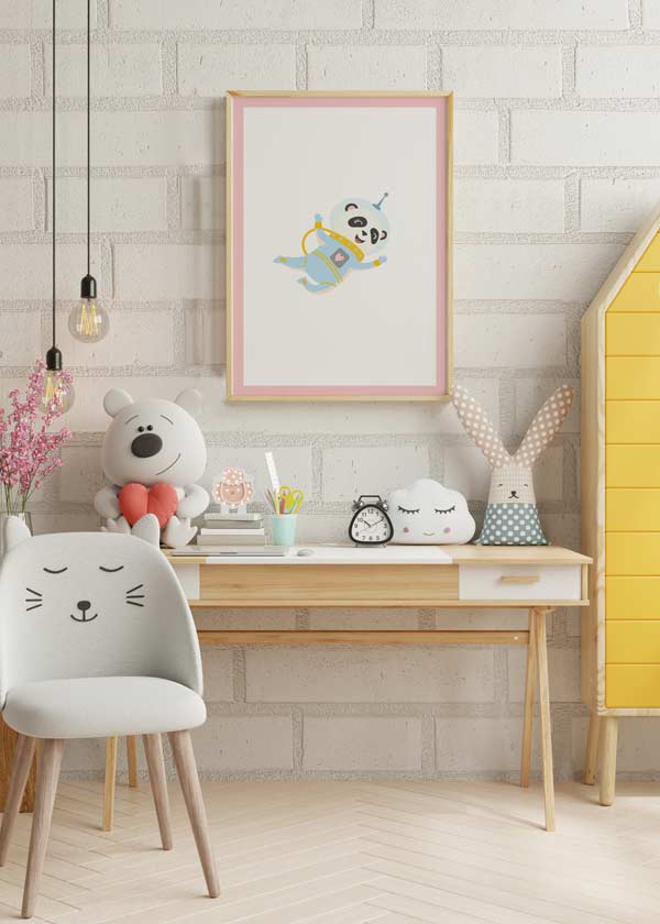 Decoración con cuadros, ideas -  cuadro infantil de oso panda astronauta. Lámina decorativa infantil y graciosa.
