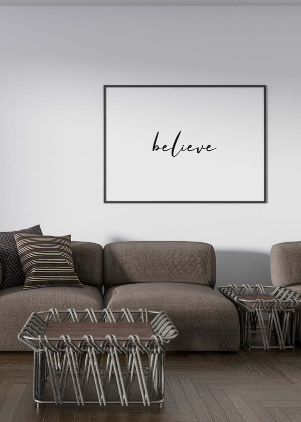 Decoración con cuadros, ideas - Cuadro con frase "Believe" minimalista en blanco y negro