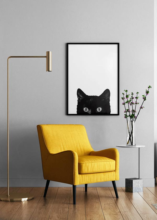 Decoración con cuadros, ideas -  cuadro con gato negro sobre fondo blanco