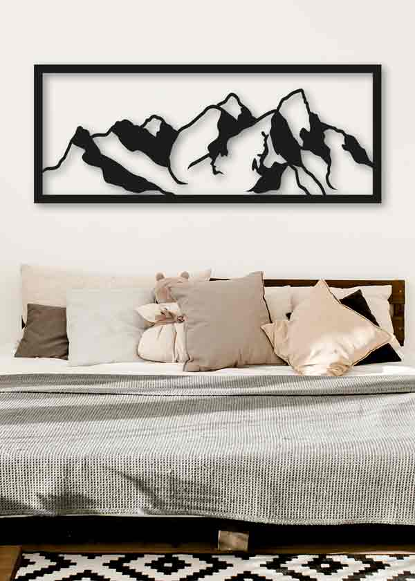 decoración con cuadros, ideas - cuadro metálico horizontal de montañas en aluminio negro - kuadro