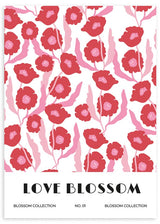 lámina decorativa de ilustración de flores en colores rojos y tonos rosas, con frases