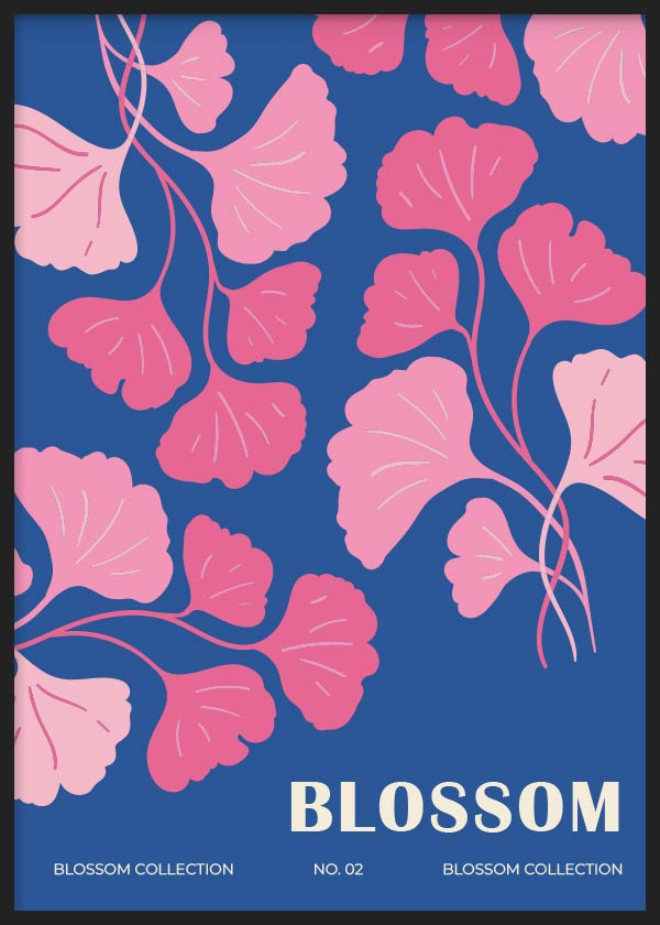cuadro para lámina decorativa de flores en tonos rosas y fondo azul, ilustración floral. Marco negro