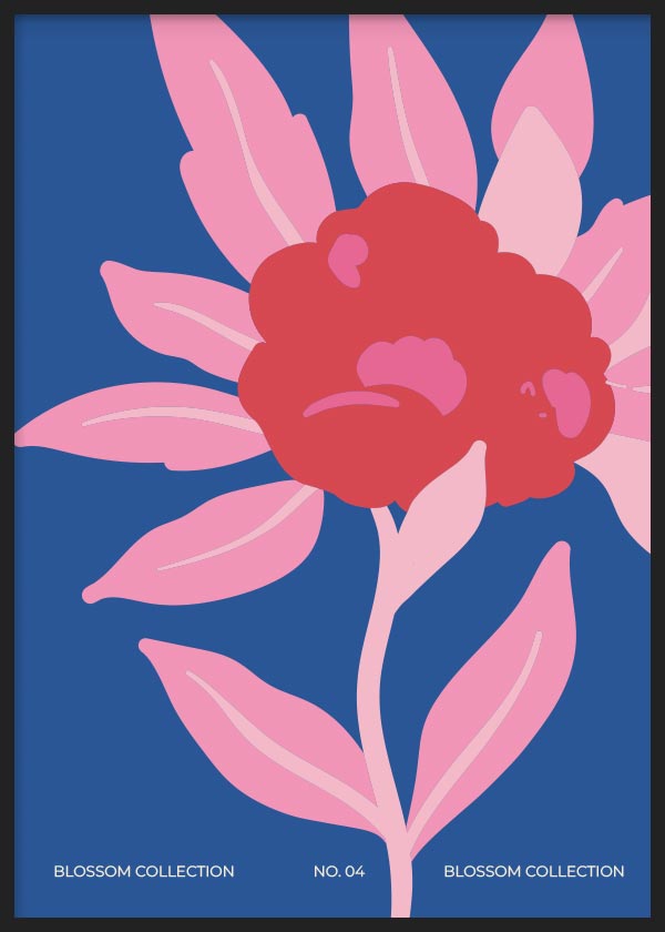 cuadro para lámina decorativa de ilustración de flor en tonos rosas y rojos, con fondo azul. Marco negro