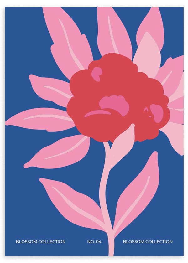 lámina decorativa de ilustración de flor en tonos rosas y rojos, con fondo azul