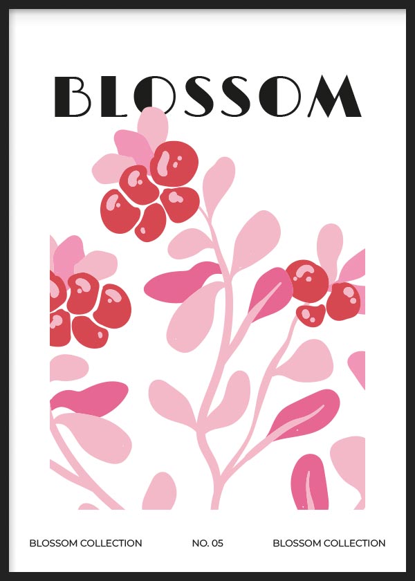 cuadro para lámina decorativa de flores en ilustración de tonos rosas y fondo blanco. Marco negro
