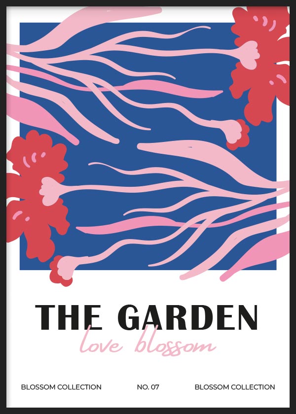 cuadro para lámina decorativa moderna de flores en tonos rosas y rojos, con fondo azul, ilustración. Marco negro