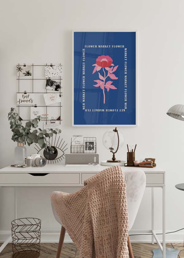 Decoración con cuadros, ideas -  lámina decorativa de flor rosa ilustrada sobre fondo azul