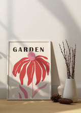 Decoración con cuadros, ideas -  lámina decorativa de flor roja y rosa con palabra "garden". Ilustración moderna de flor.