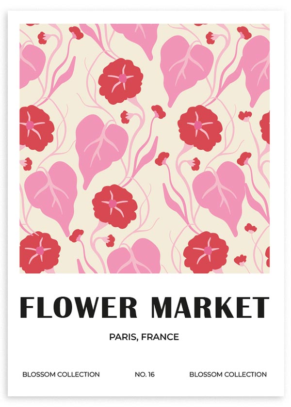 lámina decorativa de flores. Ilustración floral en colores rosa y rojo. Flower market.