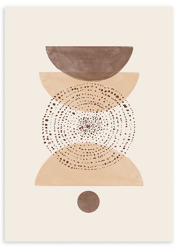 lámina decorativa abstracta y geométrica con circunferenicas y medias lunas en tonos beige y marrón - kuadro