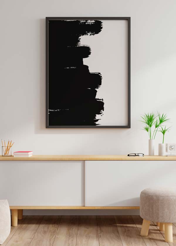 Decoración con cuadros, ideas -  cuadro abstracto con pinceladas gruesas negras sobre fondo blanco. Lámina decorativa.