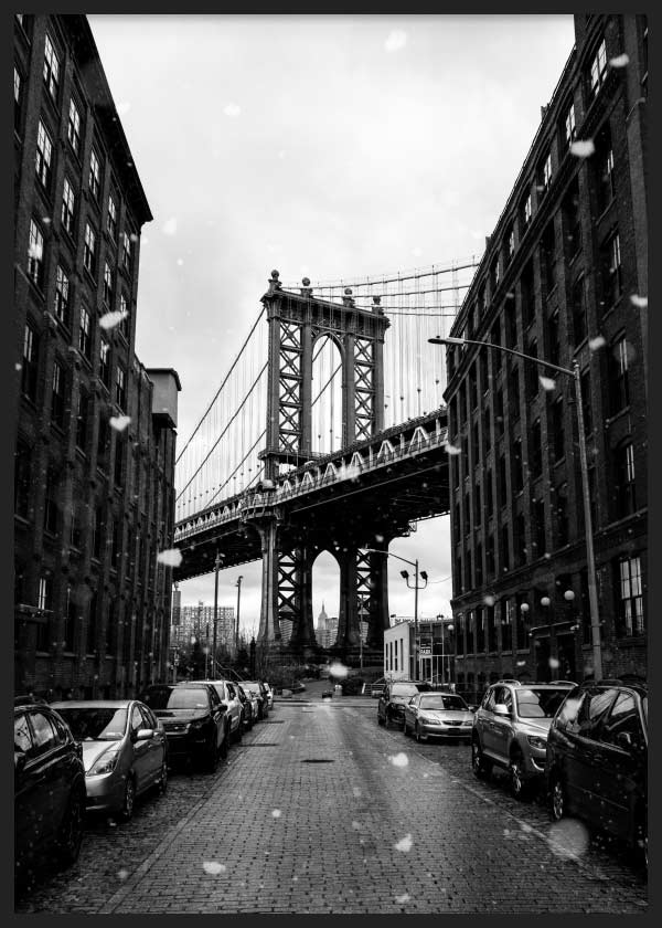 cuadro para lámina decorativa fotográfica de puente de brooklyn en blanco y negro. Marco negro