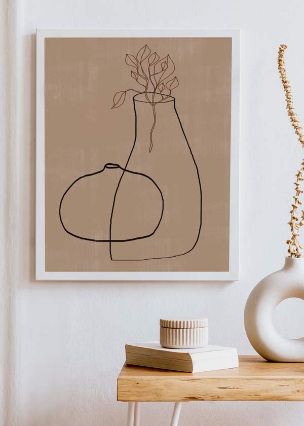decoración con cuadros, ideas - lámina decorativa de ilustración abstracta de jarrón con flores en tonos tierra y marrón - kuadro