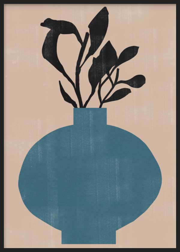 cuadro para lámina decorativa de ilustración de jarrón azul con flores negras sobre fondo color tierra, estilo nórdico - kuadro