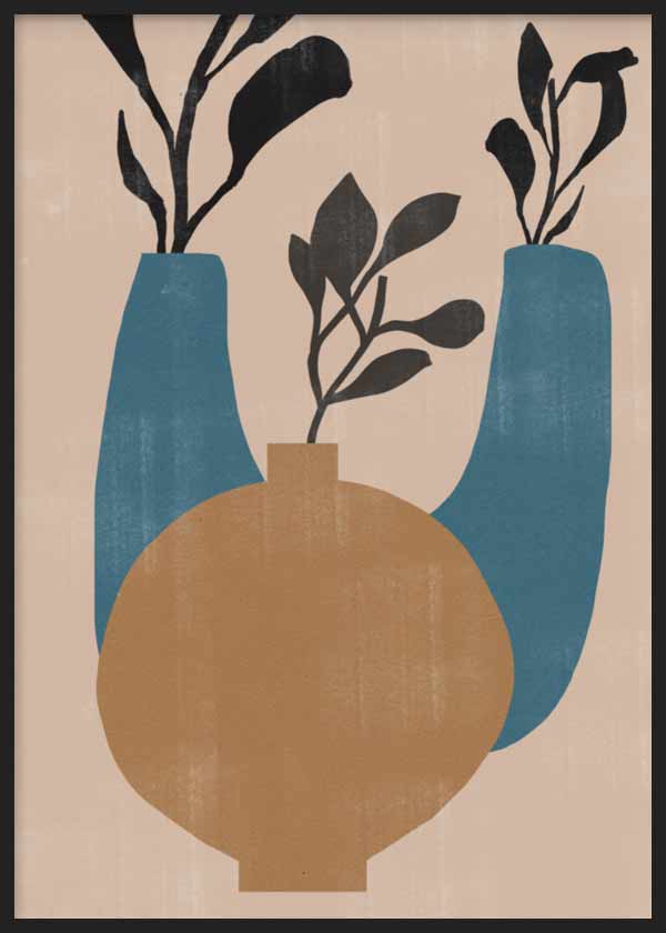 cuadro para lámina decorativa de ilustración con jarrones en marrón y azul sobre fondo en color tierra, estilo nórdico - kuadro