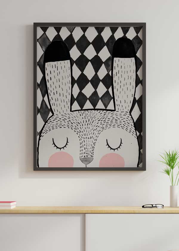 decoración con cuadros, ideas - lámina decorativa infantil de ilustración de conejo en blanco y negro - kuadro