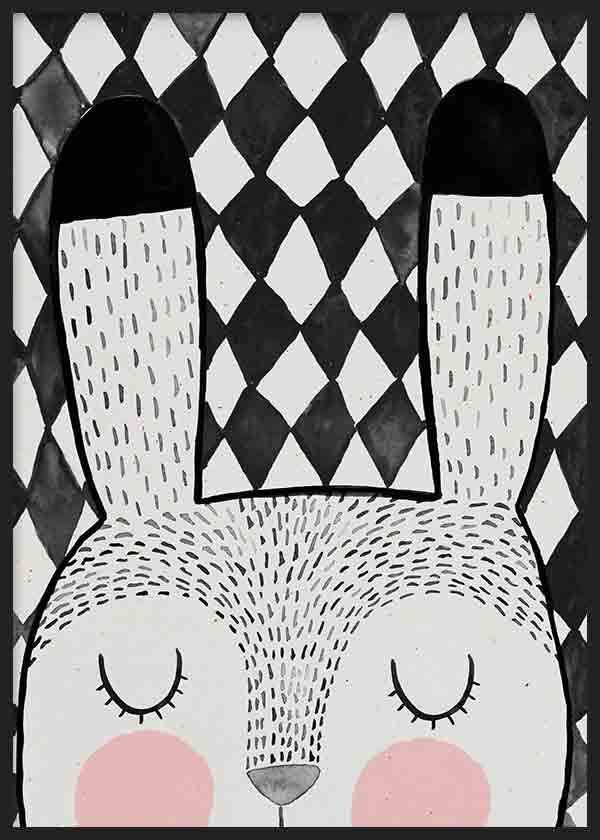 cuadro lámina decorativa infantil de ilustración de conejo en blanco y negro - kuadro