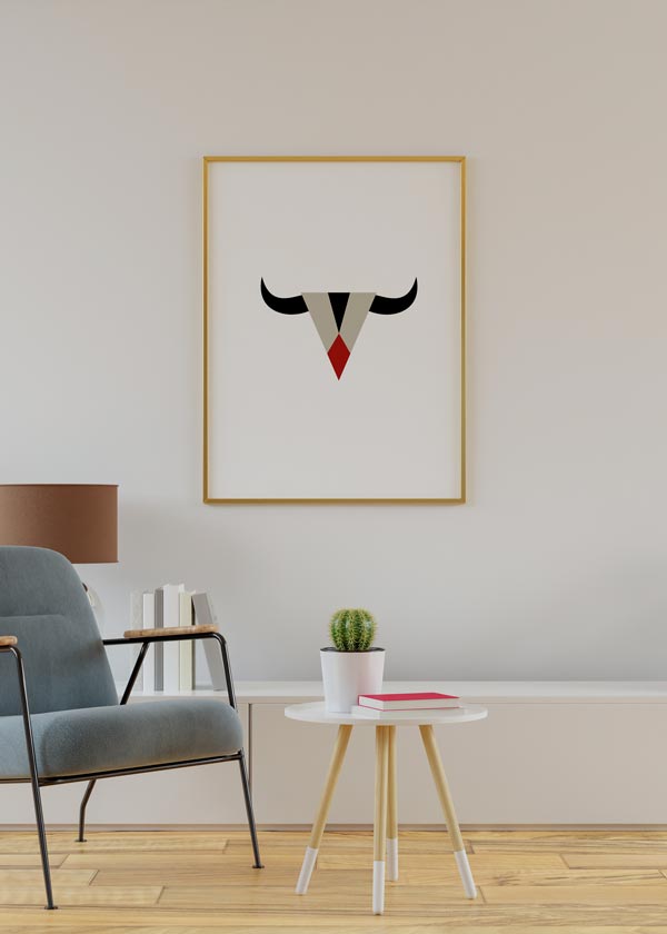 Decoración con cuadros, ideas -  cuadro ilustración búfalo étnico en estilo minimalista y nórdico. Lámina decorativa.