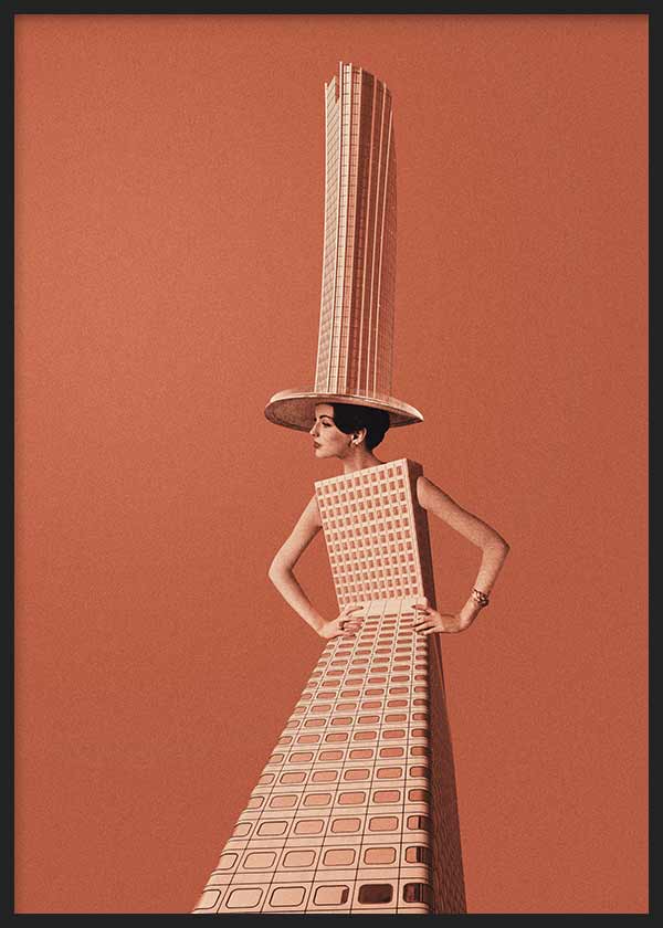 cuadro lámina decorativa de estilo vintage de collage de mujer vestida de edificio - kuadro