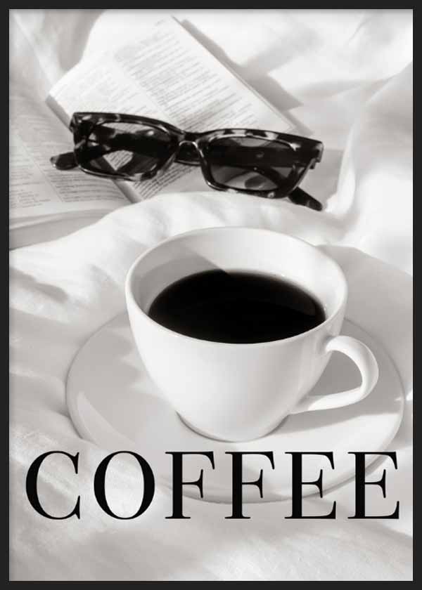 cuadro para lámina decorativa de fotografía en blanco y negro de café con gafas de sol - kuadro
